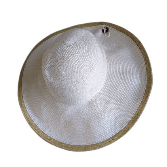 Packable Travel Floppy Straw Hat Wide Brim White with Tan Edge Vacation Cruise - Picture 4 of 11